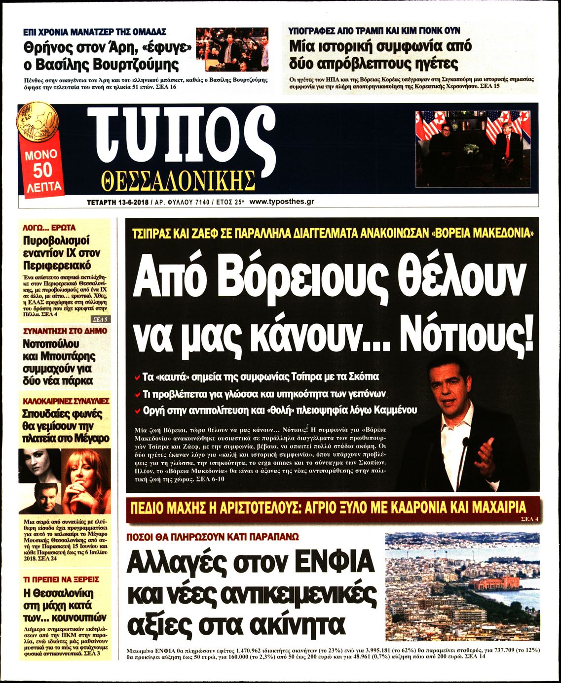 Εξώφυλο εφημερίδας ΤΥΠΟΣ ΘΕΣ/ΝΙΚΗΣ 2018-06-13