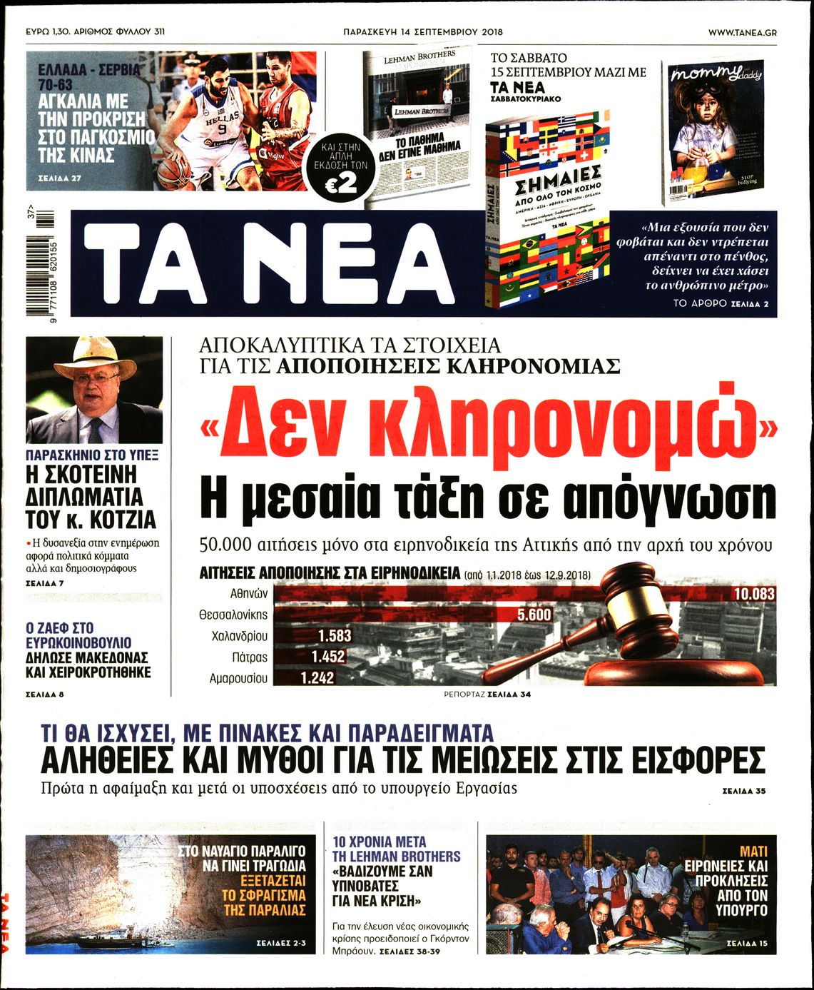 Εξώφυλο εφημερίδας ΤΑ ΝΕΑ 2018-09-14