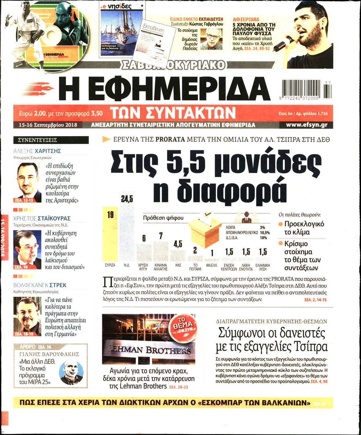 Εξώφυλο εφημερίδας ΤΩΝ ΣΥΝΤΑΚΤΩΝ 2018-09-15