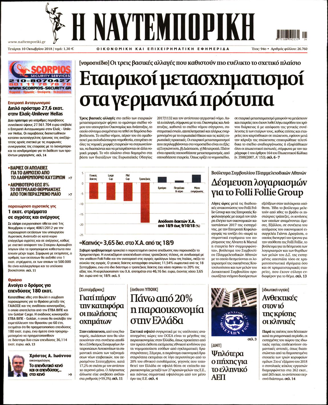 Εξώφυλο εφημερίδας ΝΑΥΤΕΜΠΟΡΙΚΗ 2018-10-10