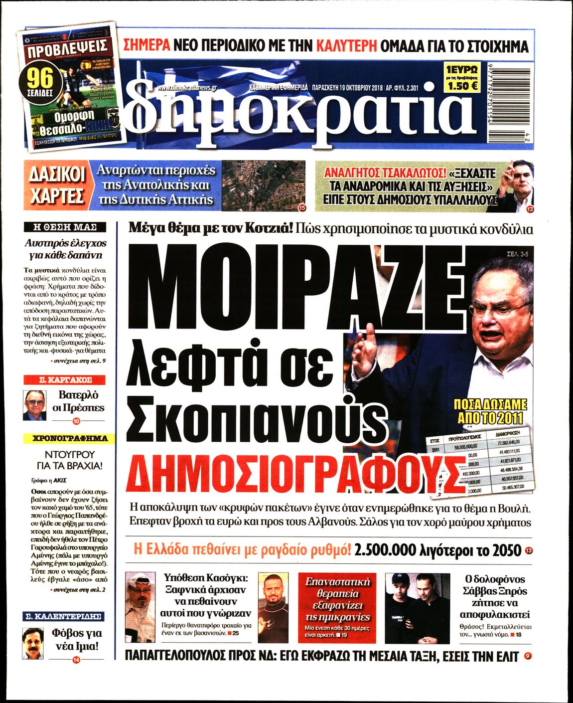 Εξώφυλο εφημερίδας ΔΗΜΟΚΡΑΤΙΑ 2018-10-19