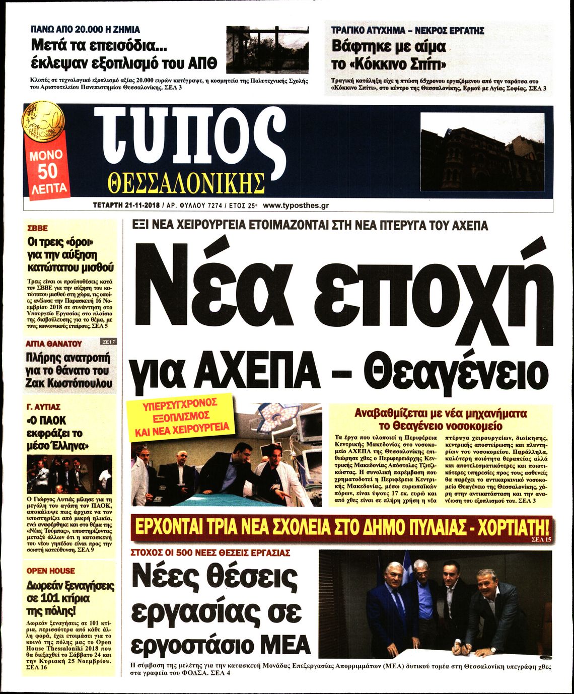 Εξώφυλο εφημερίδας ΤΥΠΟΣ ΘΕΣ/ΝΙΚΗΣ 2018-11-21