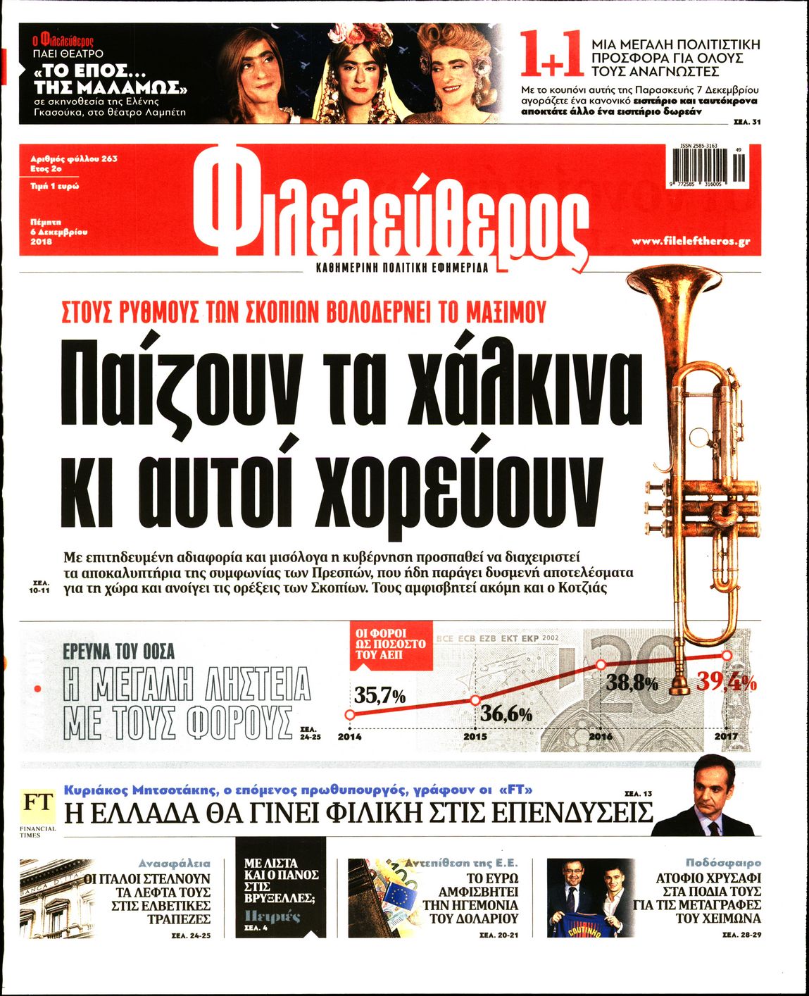 Εξώφυλο εφημερίδας ΦΙΛΕΛΕΥΘΕΡΟΣ 2018-12-06