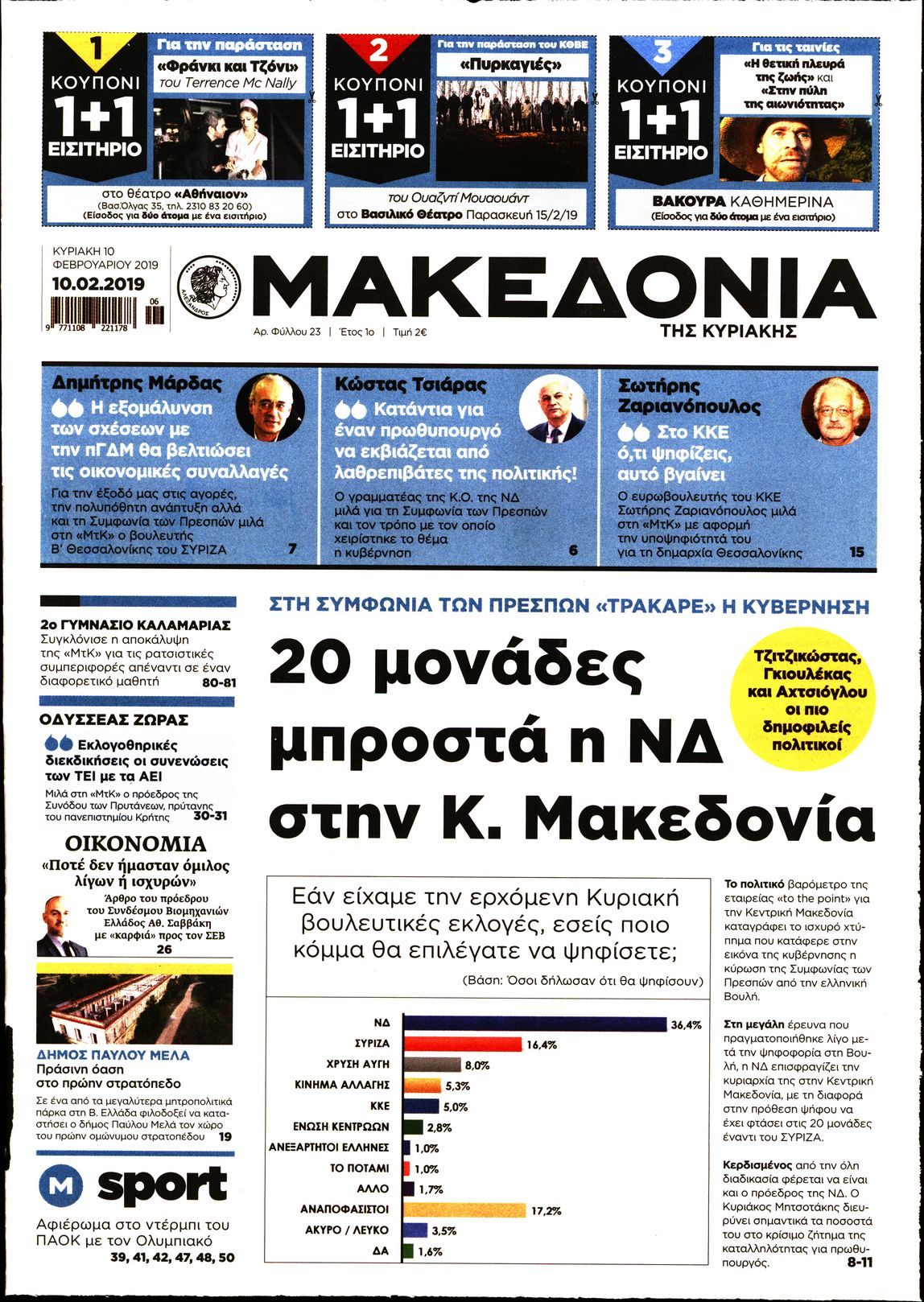 Εξώφυλο εφημερίδας ΜΑΚΕΔΟΝΙΑ 2019-02-10