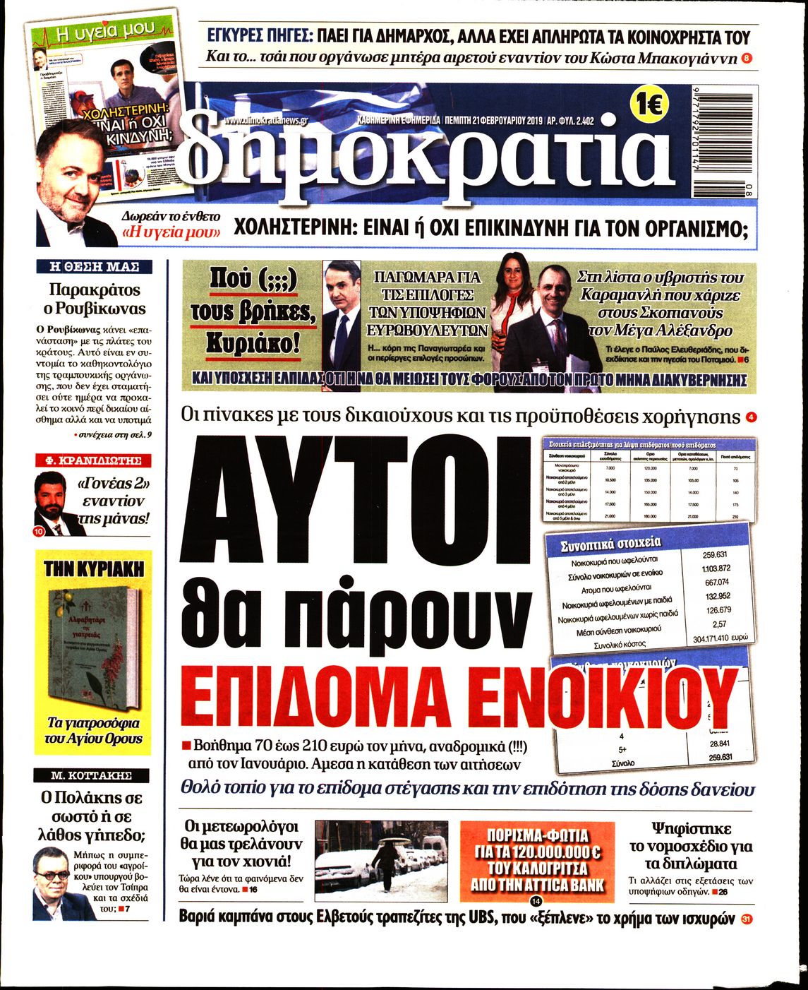 Εξώφυλο εφημερίδας ΔΗΜΟΚΡΑΤΙΑ 2019-02-21