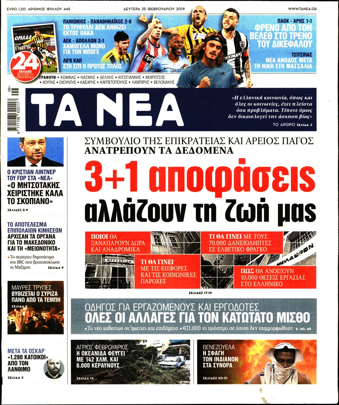 Εξώφυλο εφημερίδας ΤΑ ΝΕΑ 2019-02-25