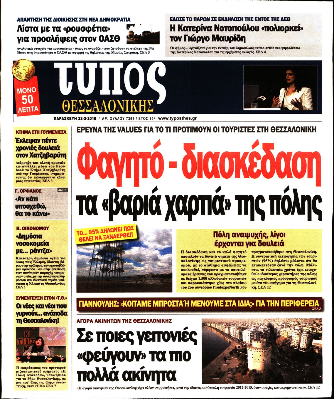 Εξώφυλο εφημερίδας ΤΥΠΟΣ ΘΕΣ/ΝΙΚΗΣ 2019-03-22