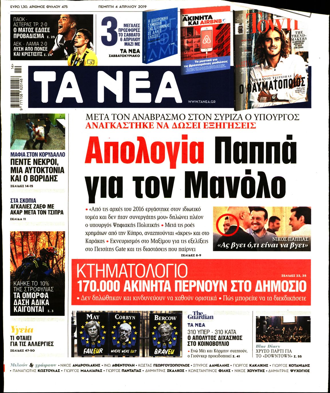 Εξώφυλο εφημερίδας ΤΑ ΝΕΑ 2019-04-04