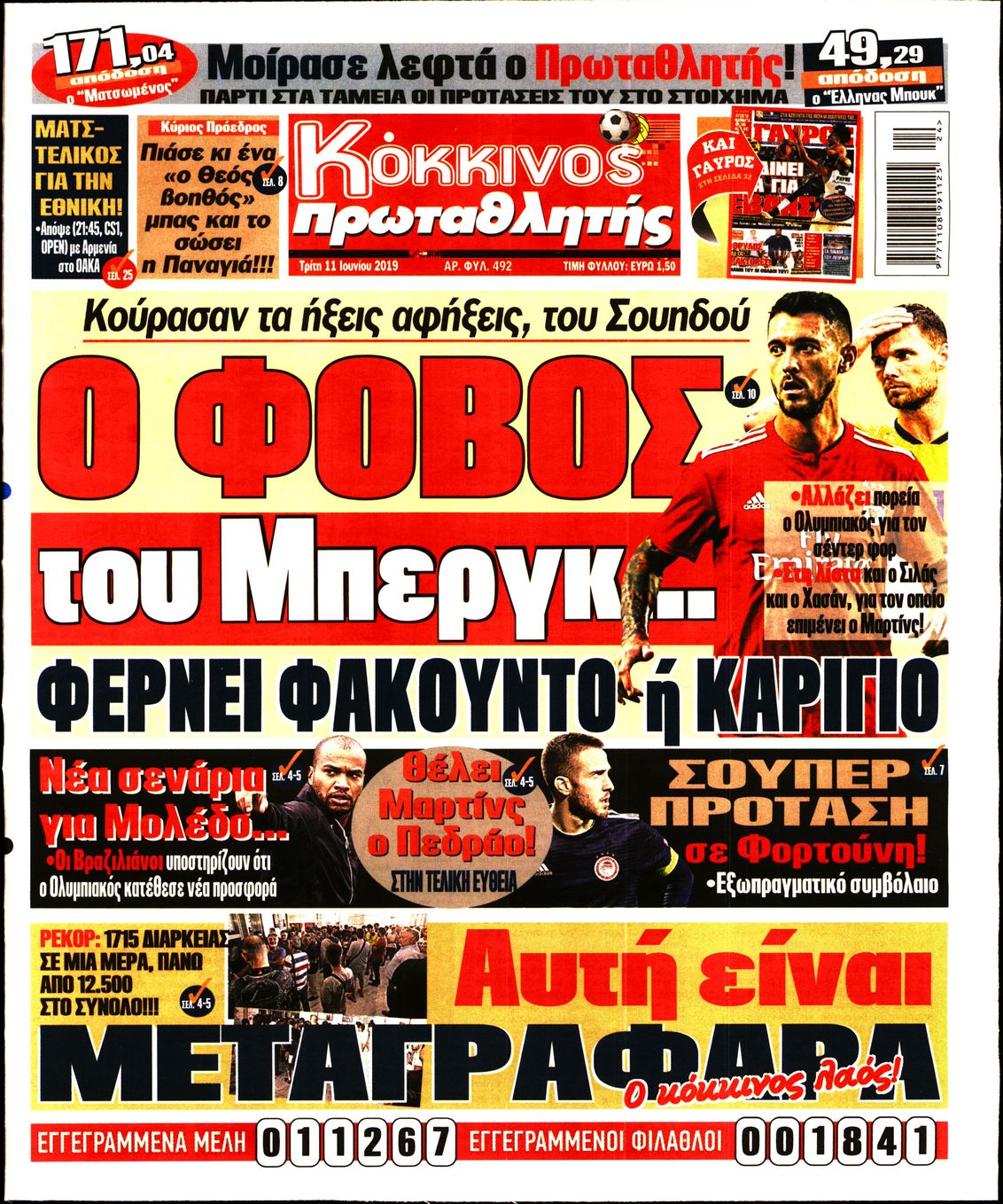 Εξώφυλο εφημερίδας ΠΡΩΤΑΘΛΗΤΗΣ 2019-06-11