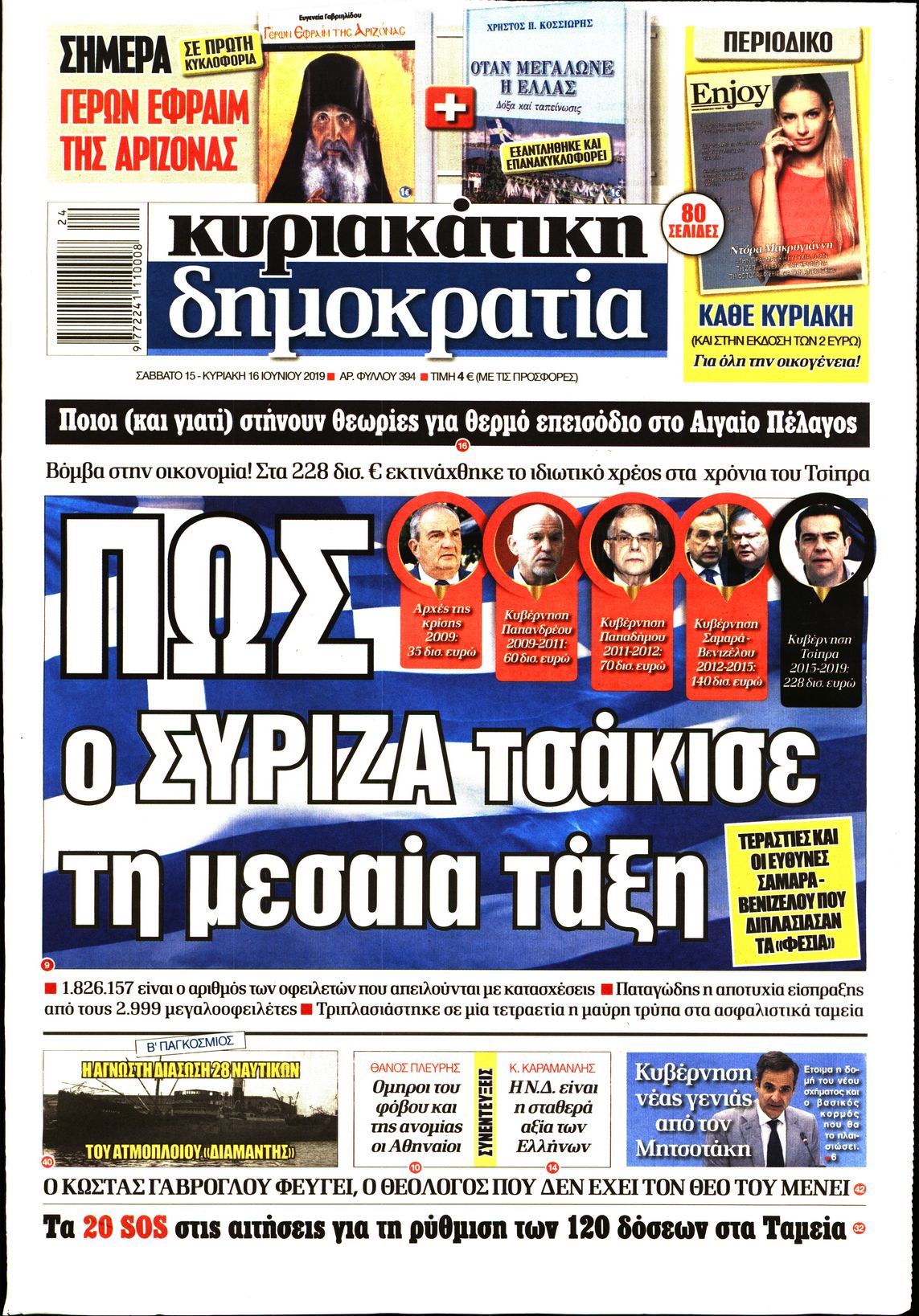 Εξώφυλο εφημερίδας ΔΗΜΟΚΡΑΤΙΑ 2019-06-15