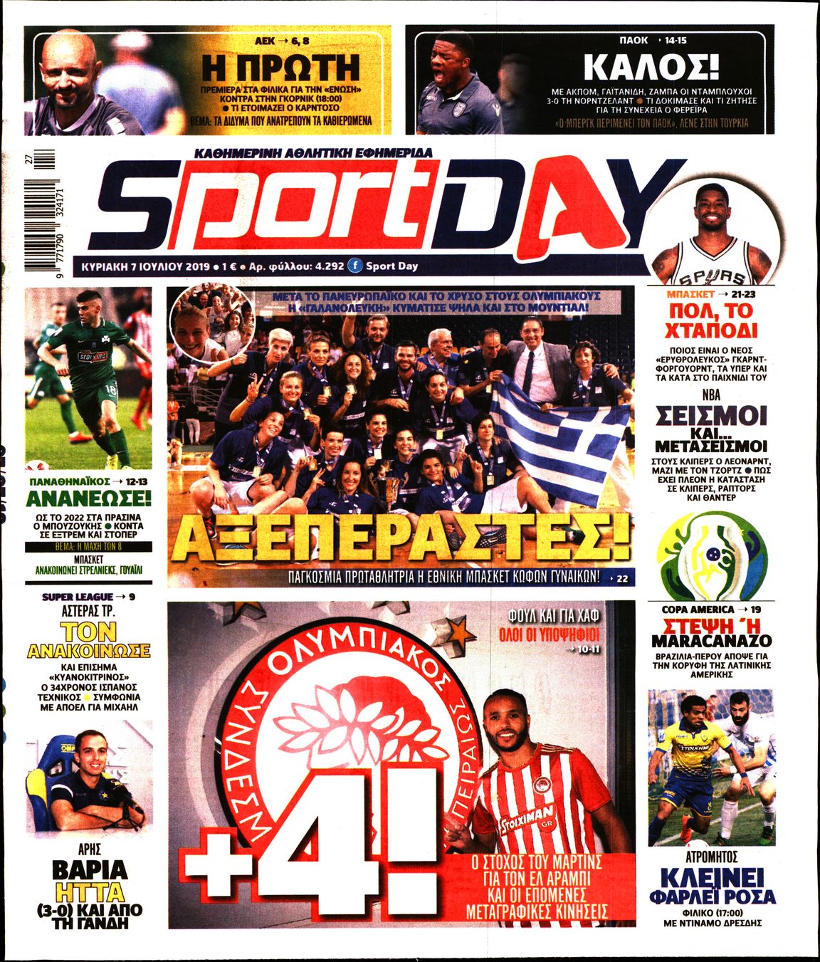 Εξώφυλο εφημερίδας SPORTDAY 2019-07-07