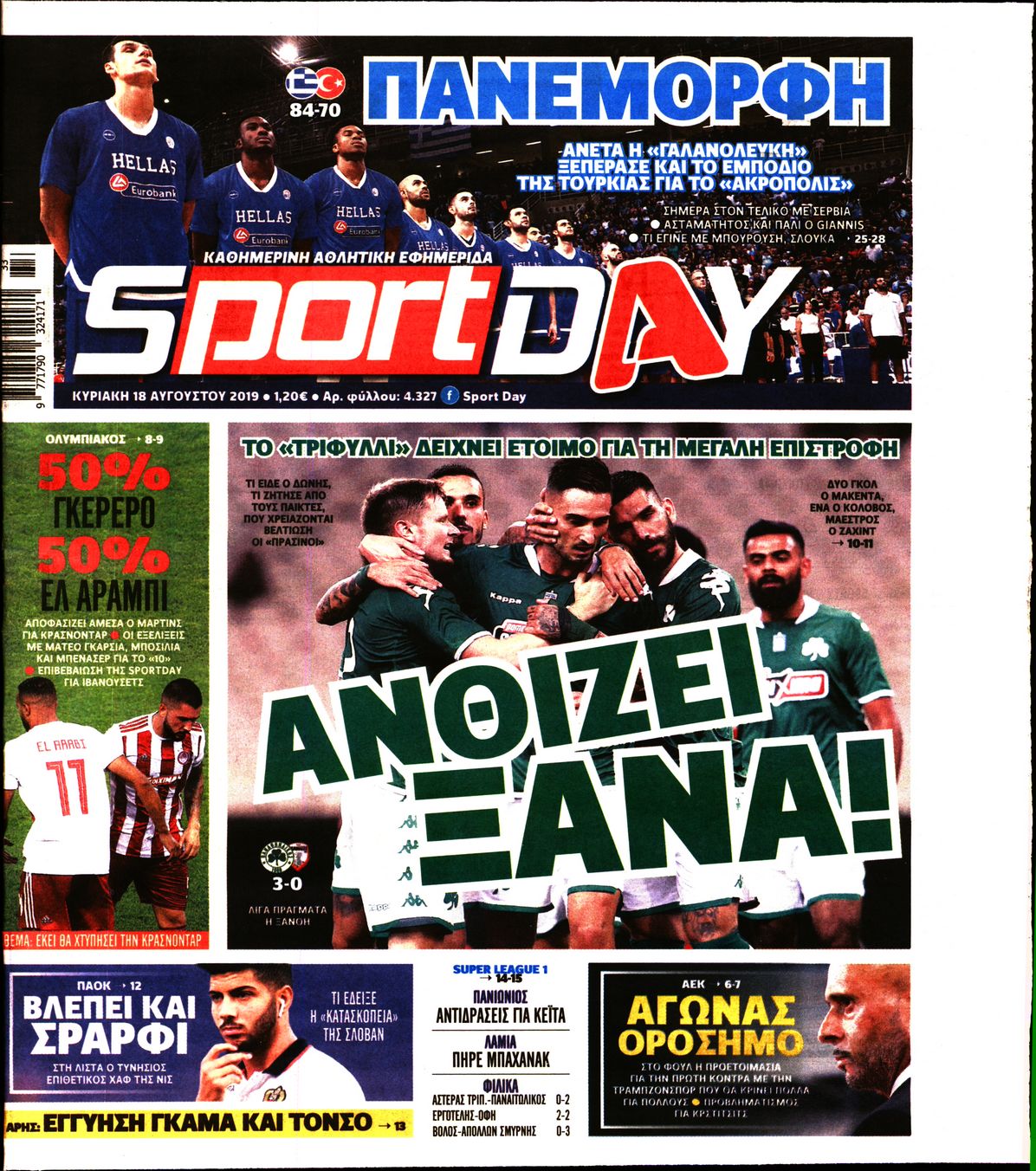 Εξώφυλο εφημερίδας SPORTDAY 2019-08-18