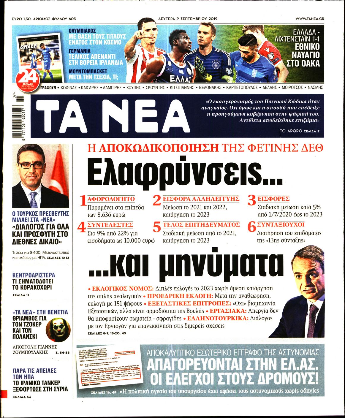 Εξώφυλο εφημερίδας ΤΑ ΝΕΑ 2019-09-09