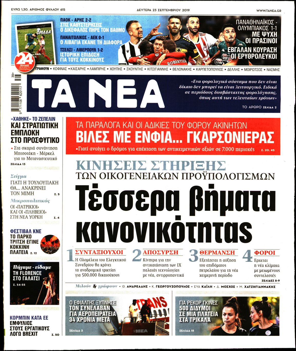 Εξώφυλο εφημερίδας ΤΑ ΝΕΑ 2019-09-23
