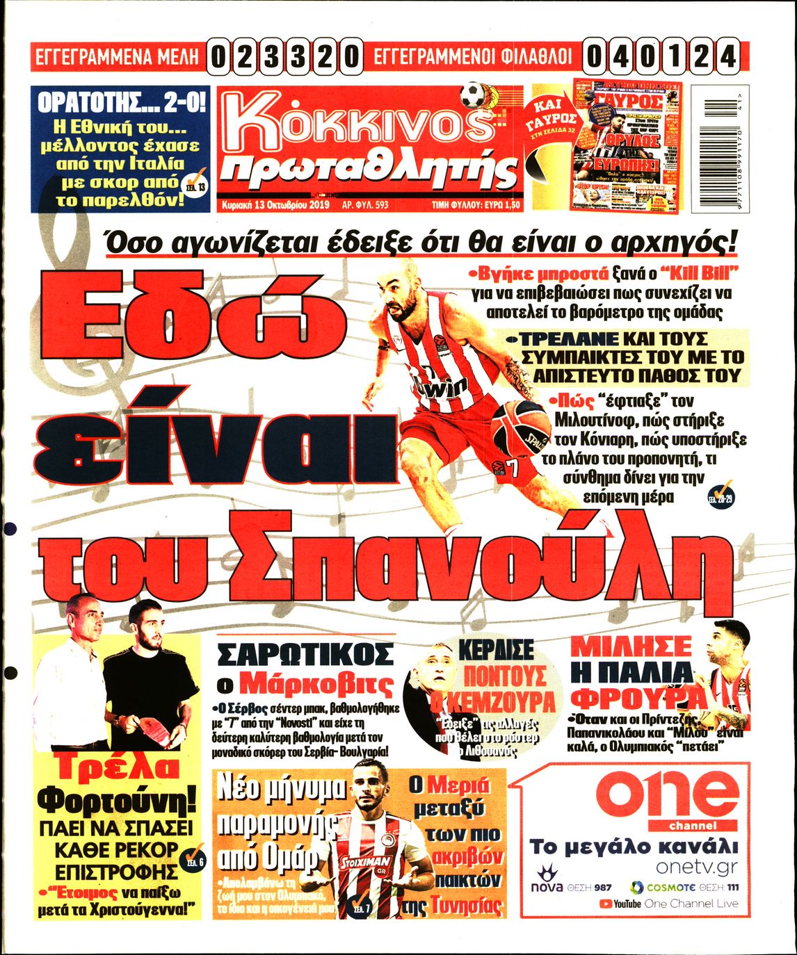 Εξώφυλο εφημερίδας ΠΡΩΤΑΘΛΗΤΗΣ 2019-10-13