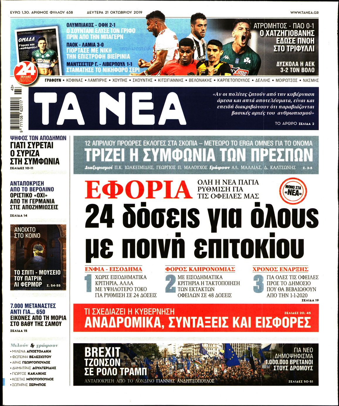 Εξώφυλο εφημερίδας ΤΑ ΝΕΑ 2019-10-21
