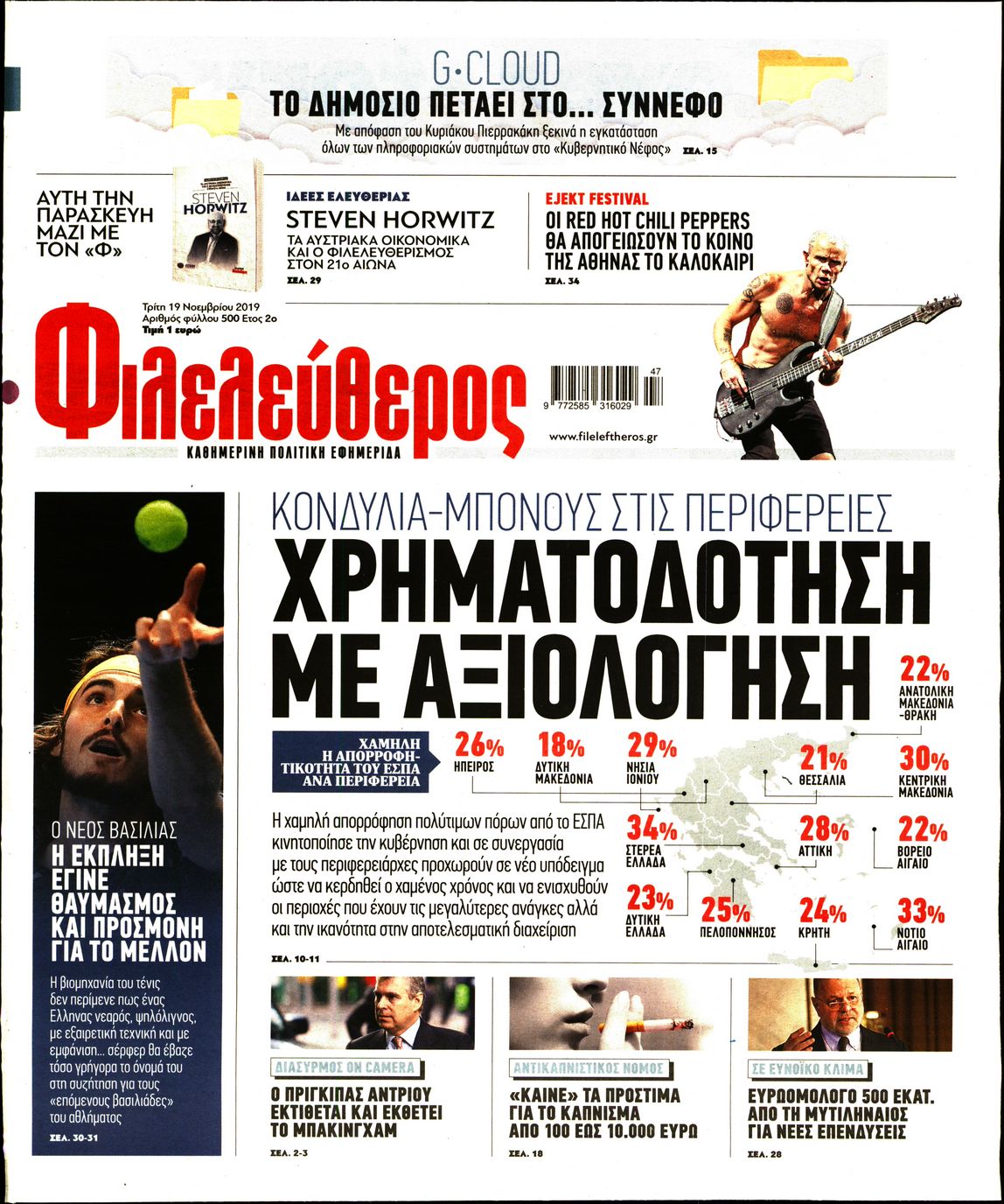 Εξώφυλο εφημερίδας ΦΙΛΕΛΕΥΘΕΡΟΣ 2019-11-19