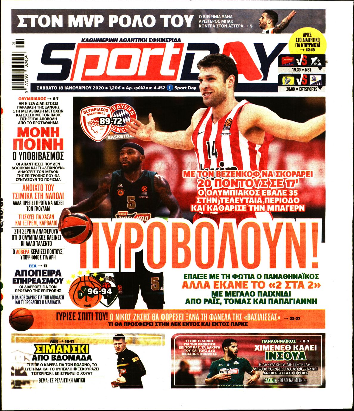 Εξώφυλο εφημερίδας SPORTDAY 2020-01-18