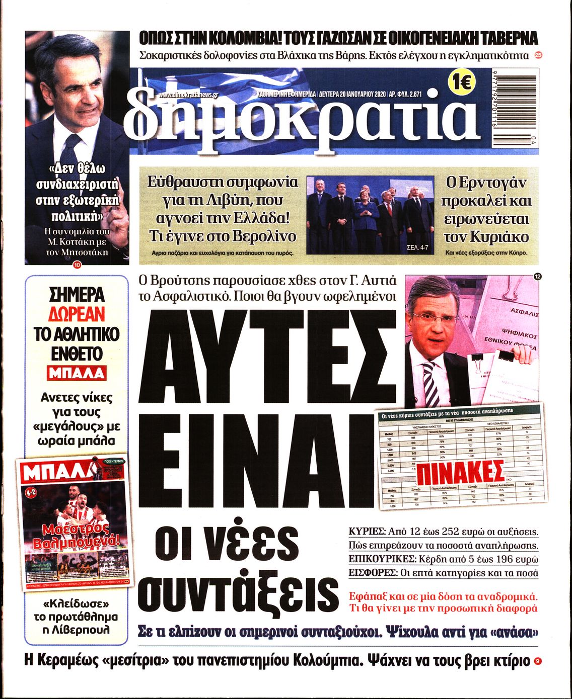 Εξώφυλο εφημερίδας ΔΗΜΟΚΡΑΤΙΑ 2020-01-20