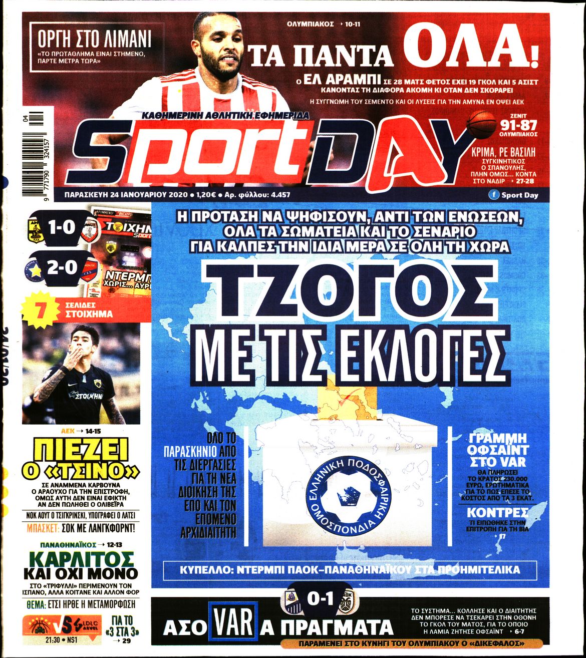 Εξώφυλο εφημερίδας SPORTDAY 2020-01-24