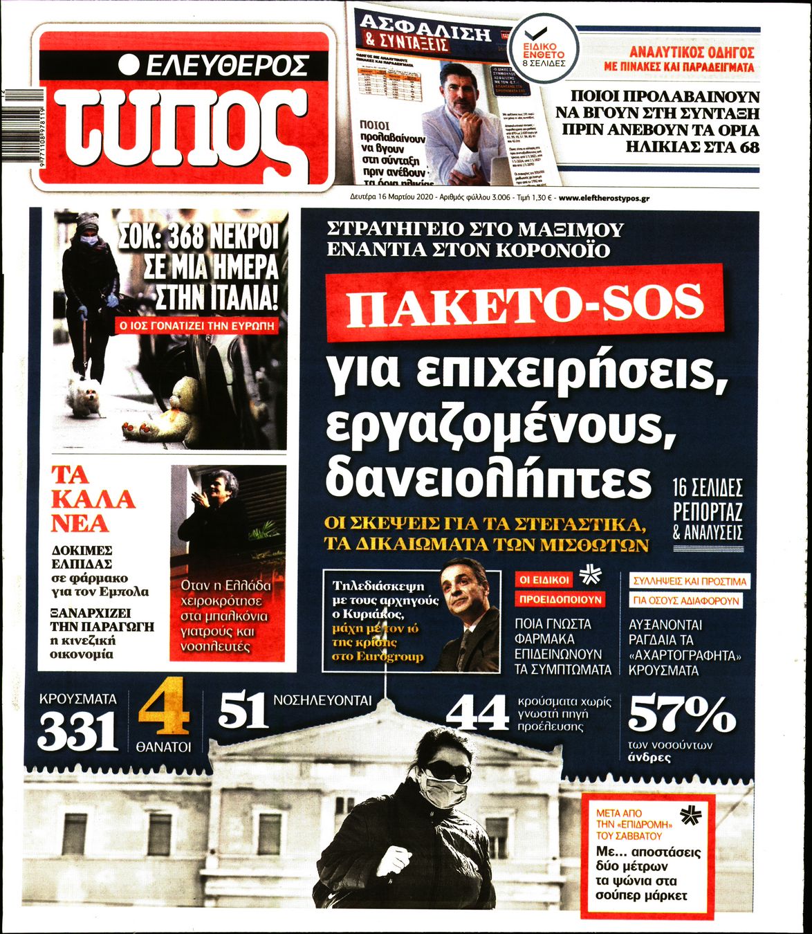 Εξώφυλο εφημερίδας ΕΛΕΥΘΕΡΟΣ ΤΥΠΟΣ 2020-03-16
