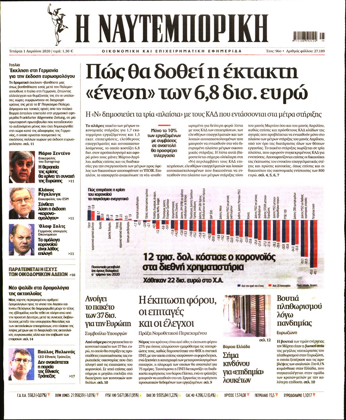Εξώφυλο εφημερίδας ΝΑΥΤΕΜΠΟΡΙΚΗ 2020-04-01