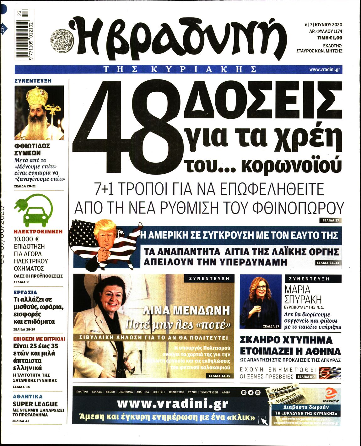 Εξώφυλο εφημερίδας ΒΡΑΔΥΝΗ 2020-06-06