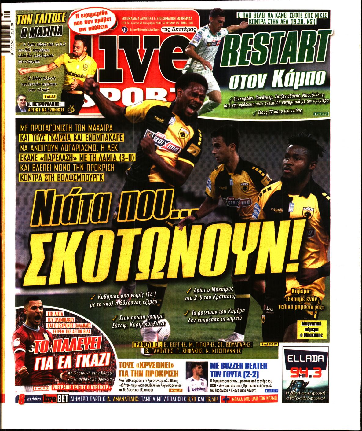 Εξώφυλο εφημερίδας LIVE SPORT 2020-09-28