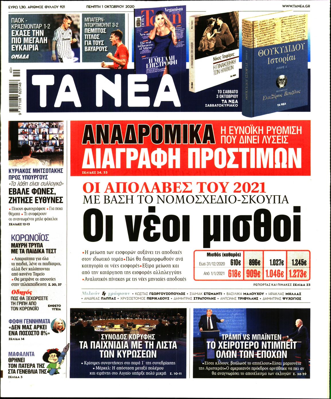 Εξώφυλο εφημερίδας ΤΑ ΝΕΑ 2020-10-01
