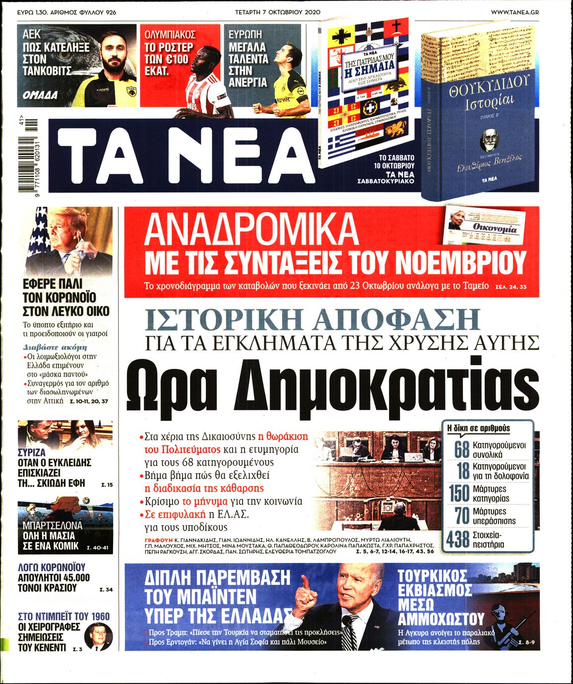 Εξώφυλο εφημερίδας ΤΑ ΝΕΑ 2020-10-07