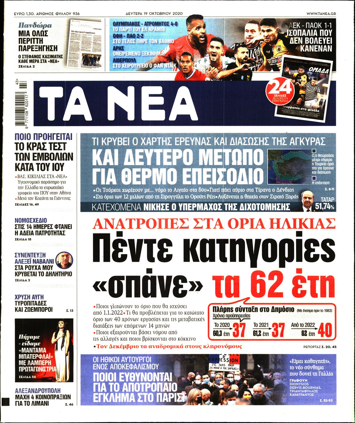 Εξώφυλο εφημερίδας ΤΑ ΝΕΑ 2020-10-19