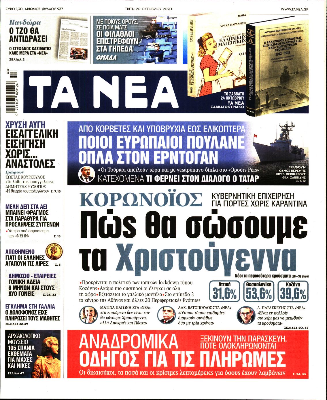 Εξώφυλο εφημερίδας ΤΑ ΝΕΑ 2020-10-20