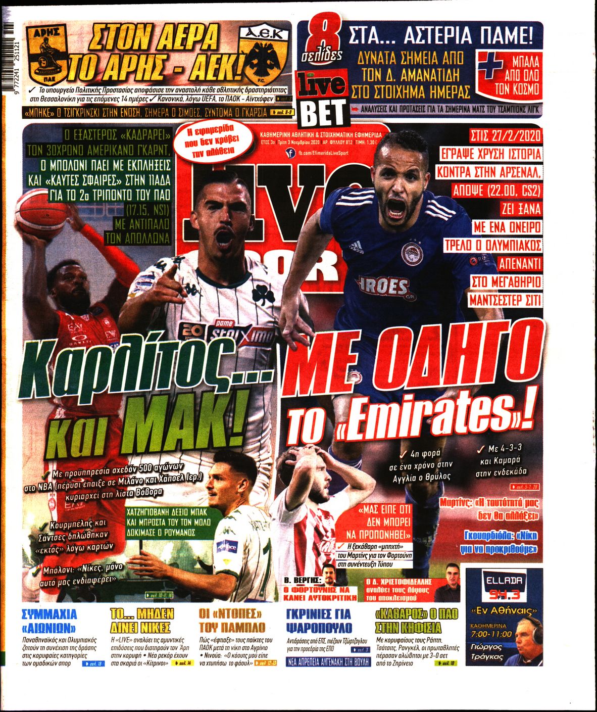 Εξώφυλο εφημερίδας LIVE SPORT 2020-11-03