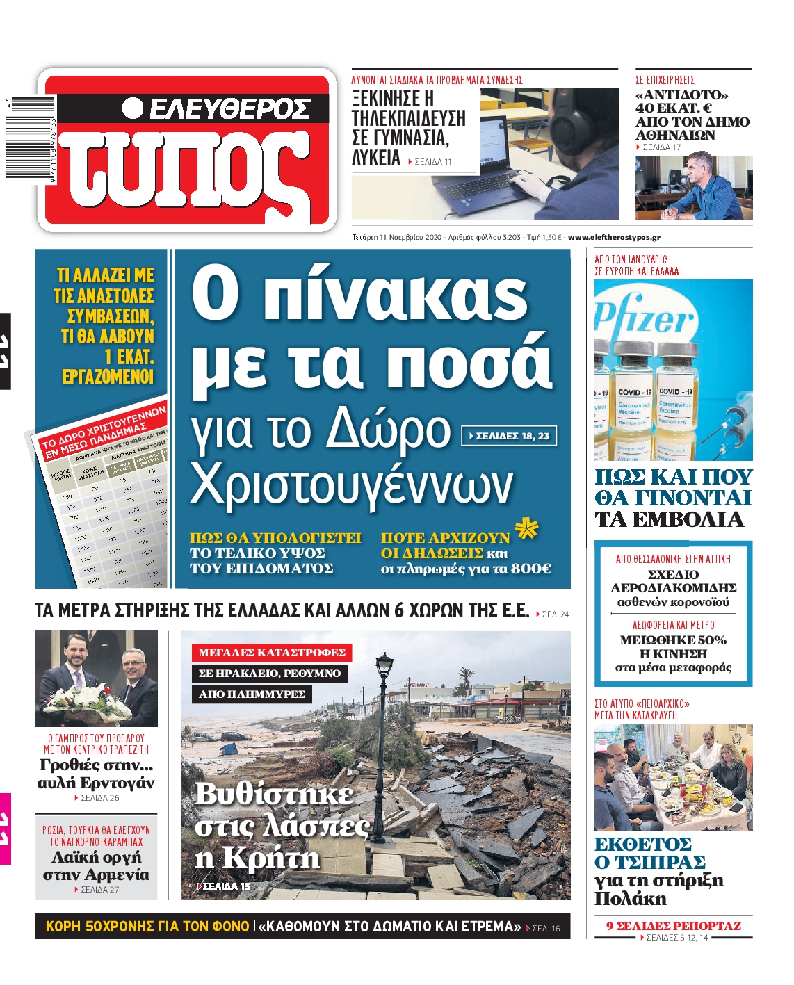Εξώφυλο εφημερίδας ΕΛΕΥΘΕΡΟΣ ΤΥΠΟΣ 2020-11-11