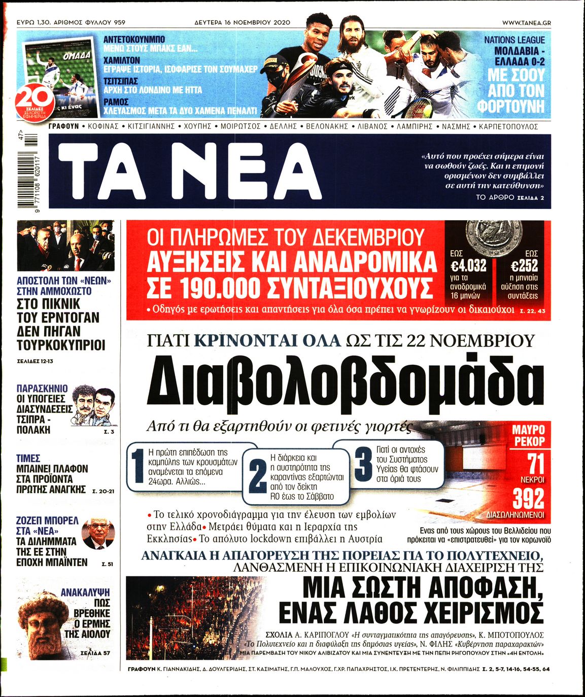 Εξώφυλο εφημερίδας ΤΑ ΝΕΑ 2020-11-16