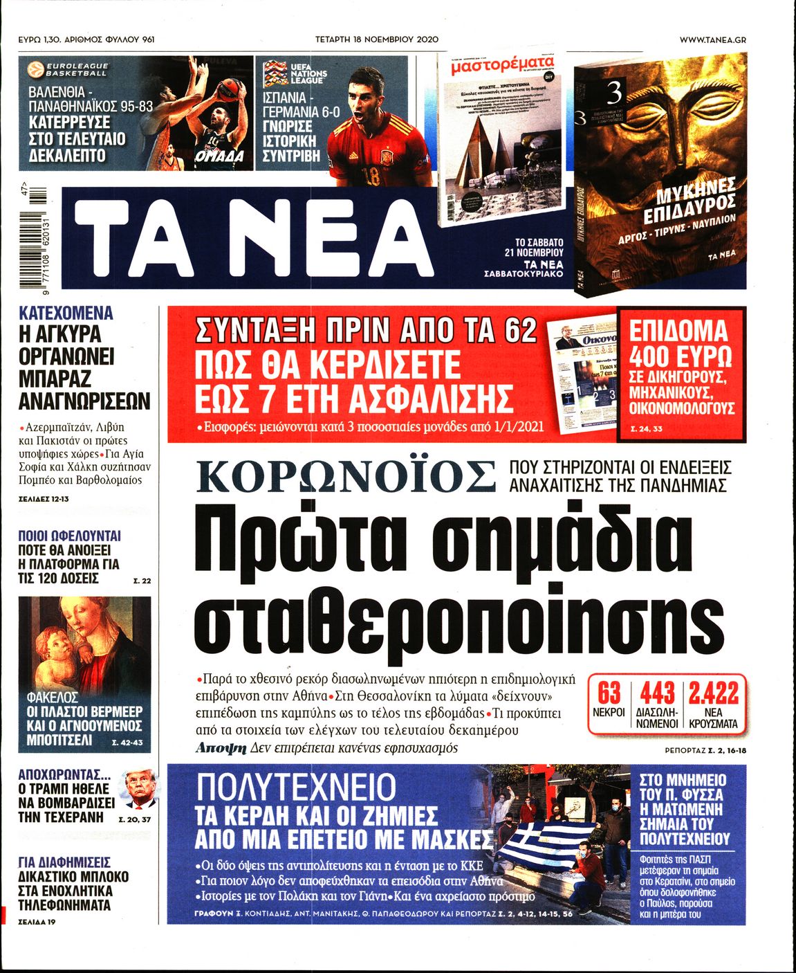 Εξώφυλο εφημερίδας ΤΑ ΝΕΑ 2020-11-18