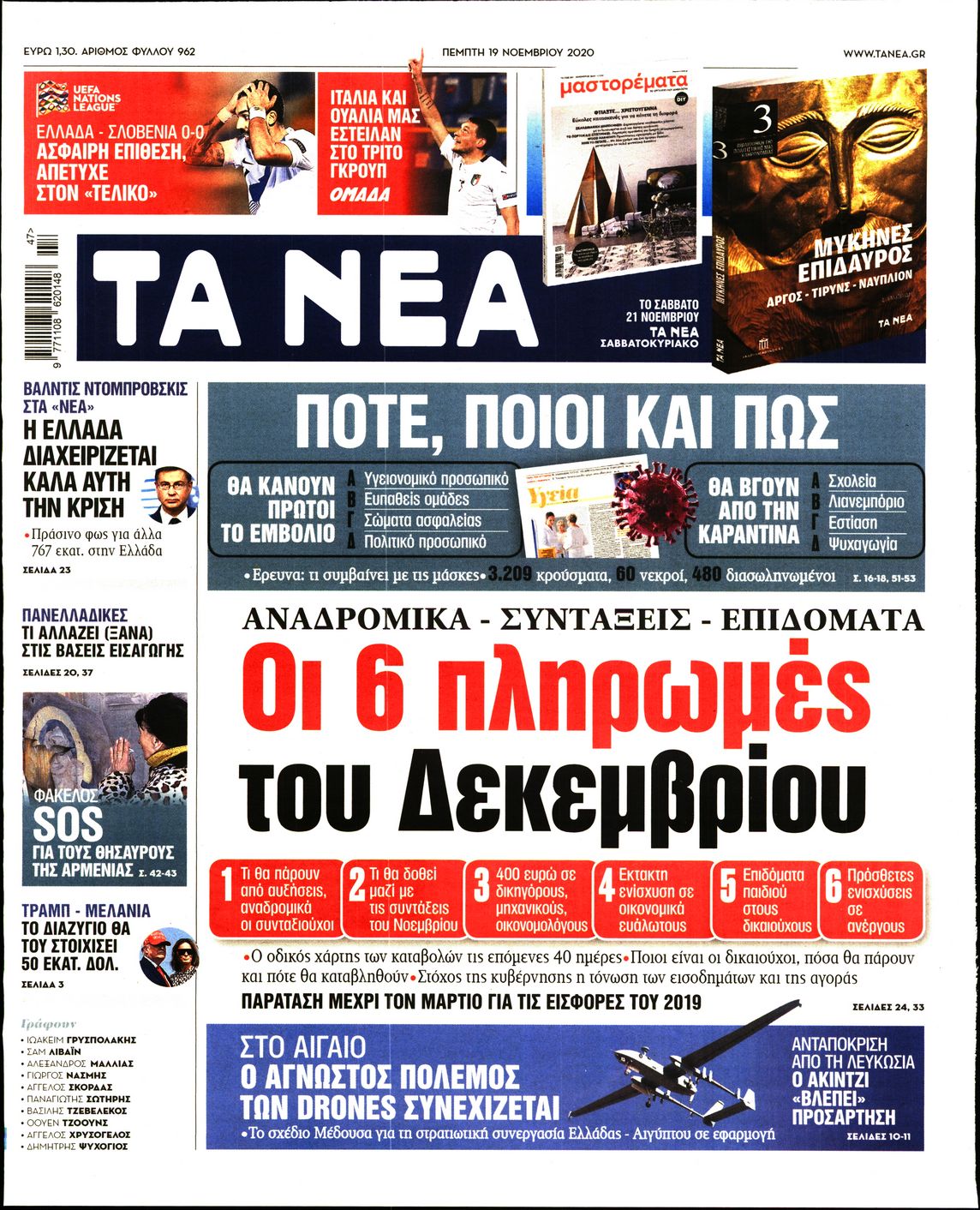 Εξώφυλο εφημερίδας ΤΑ ΝΕΑ 2020-11-19