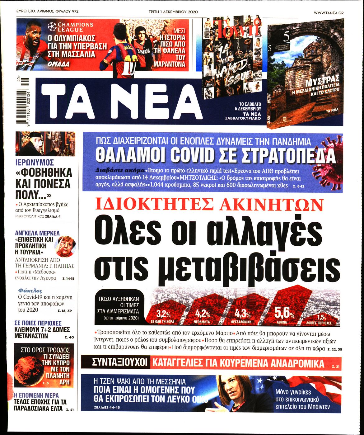 Εξώφυλο εφημερίδας ΤΑ ΝΕΑ 2020-12-01
