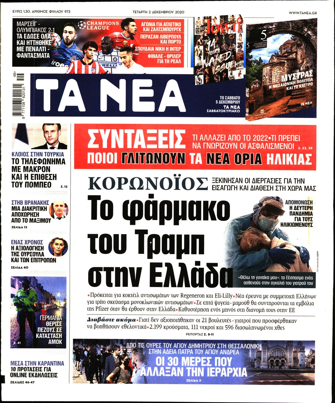 Εξώφυλο εφημερίδας ΤΑ ΝΕΑ 2020-12-02