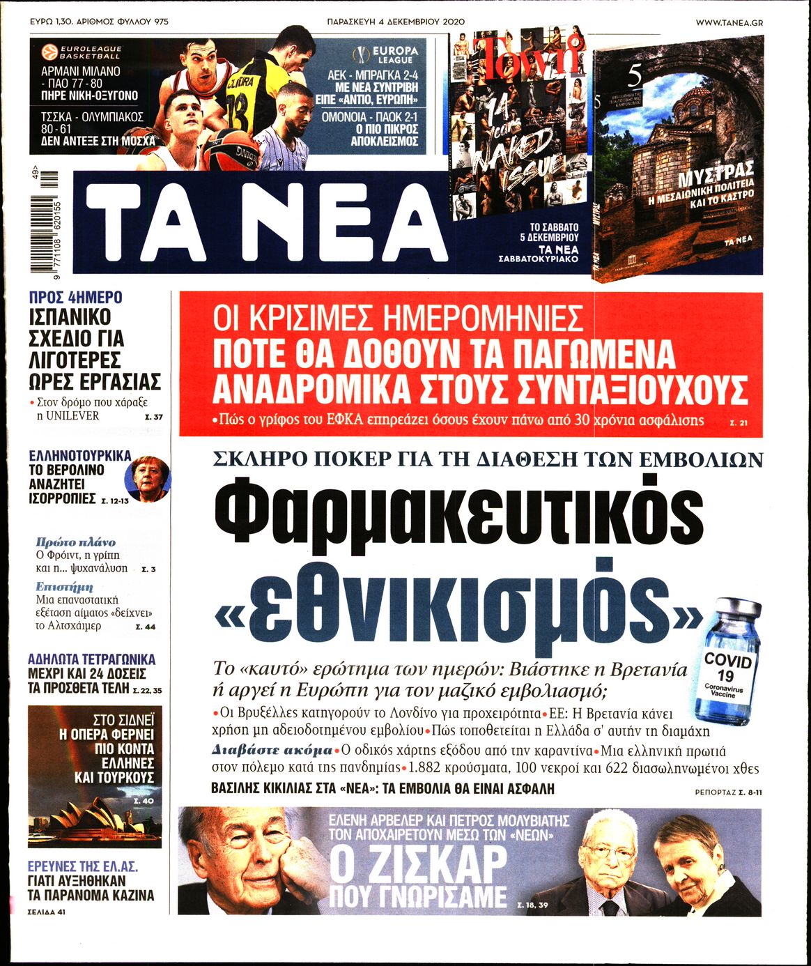 Εξώφυλο εφημερίδας ΤΑ ΝΕΑ 2020-12-04