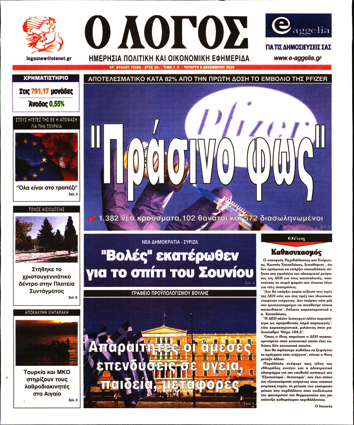 Εξώφυλο εφημερίδας Ο ΛΟΓΟΣ 2020-12-09