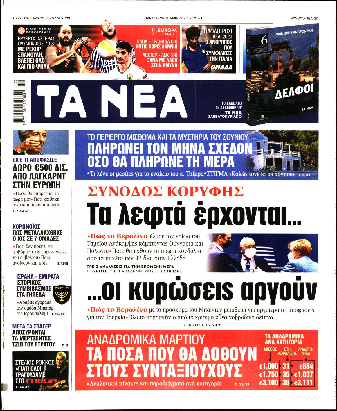 Εξώφυλο εφημερίδας ΤΑ ΝΕΑ 2020-12-11