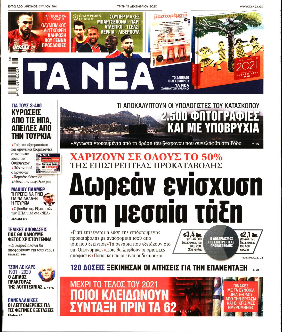 Εξώφυλο εφημερίδας ΤΑ ΝΕΑ 2020-12-15