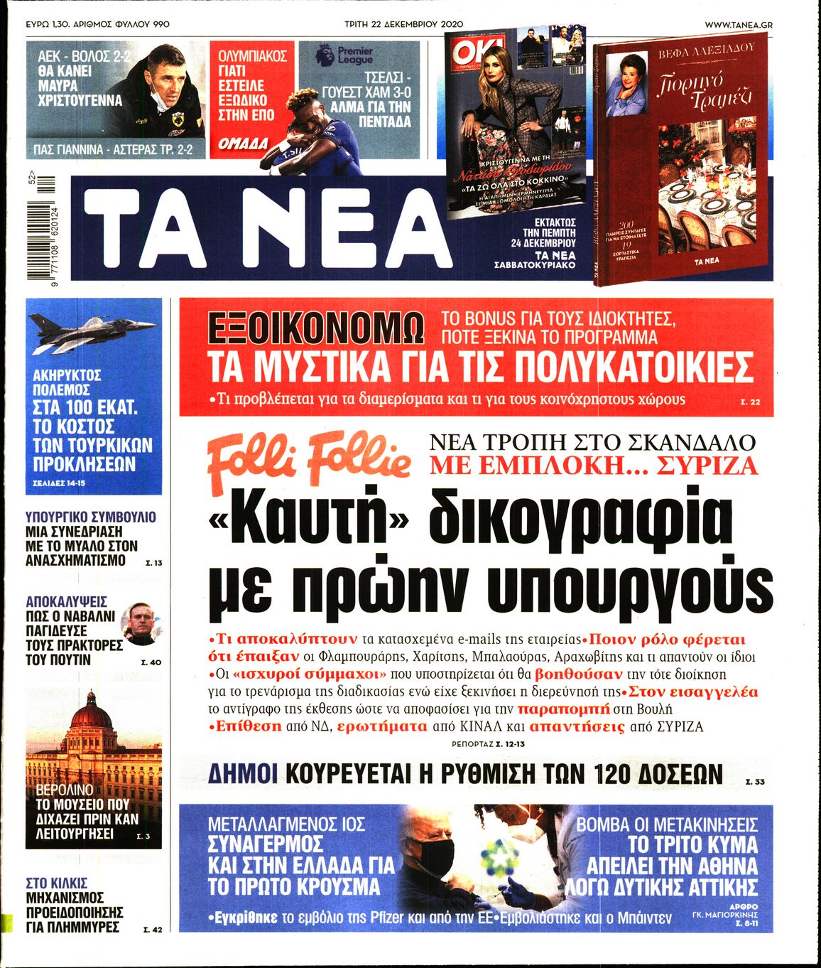 Εξώφυλο εφημερίδας ΤΑ ΝΕΑ 2020-12-22