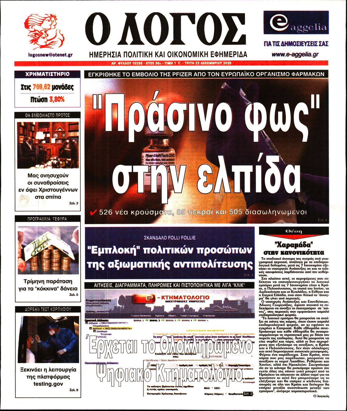 Εξώφυλο εφημερίδας Ο ΛΟΓΟΣ 2020-12-22
