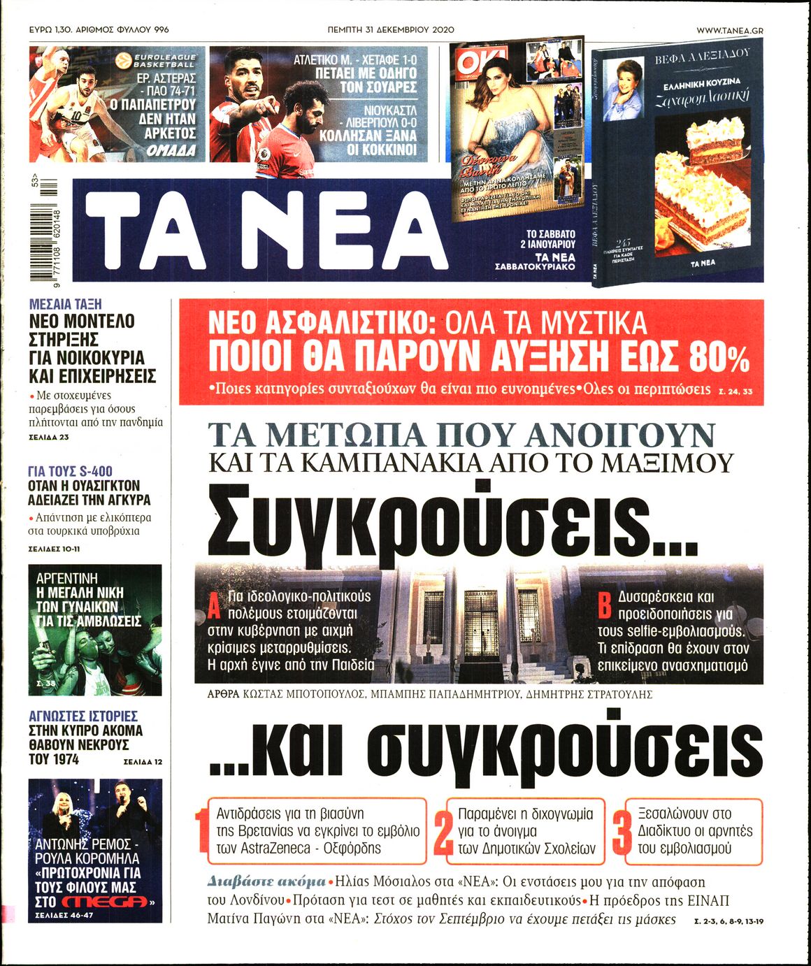Εξώφυλο εφημερίδας ΤΑ ΝΕΑ 2020-12-31