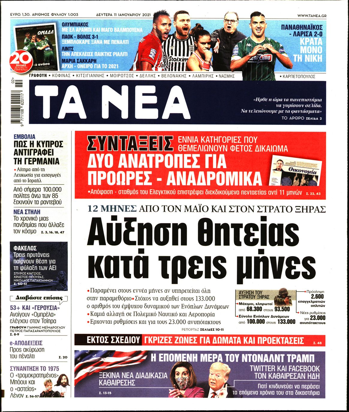 Εξώφυλο εφημερίδας ΤΑ ΝΕΑ 2021-01-11