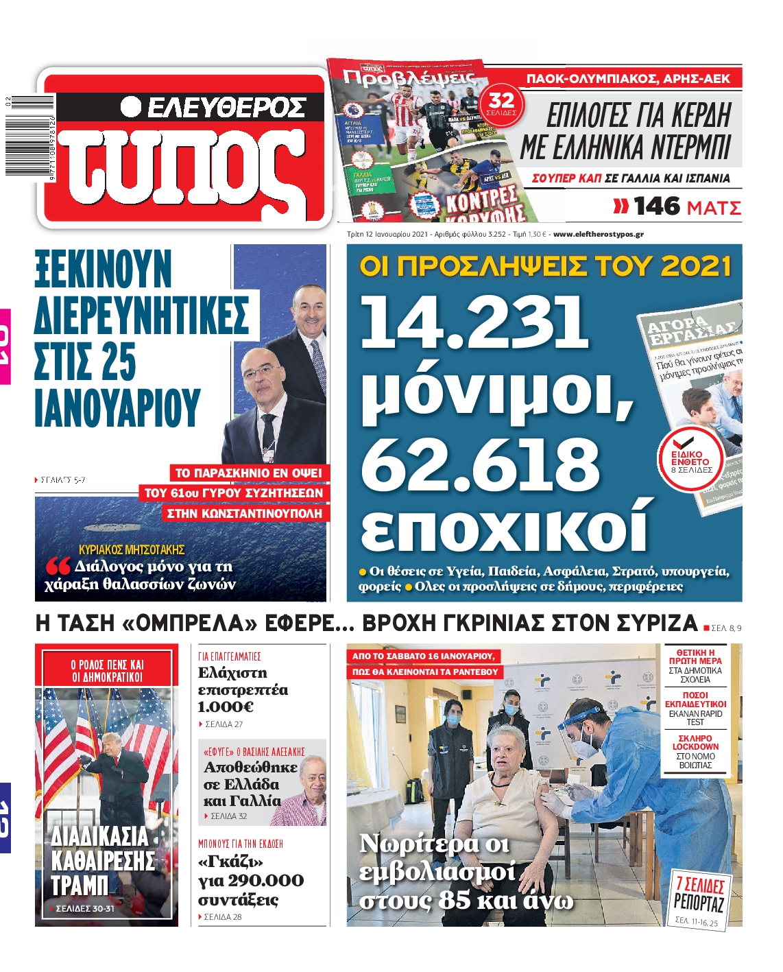 Εξώφυλο εφημερίδας ΕΛΕΥΘΕΡΟΣ ΤΥΠΟΣ 2021-01-12