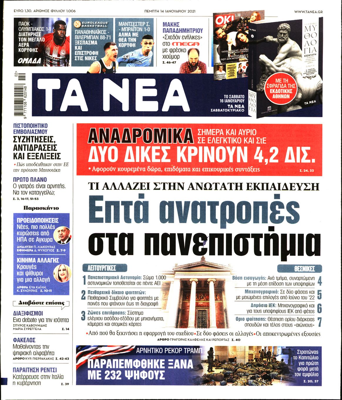 Εξώφυλο εφημερίδας ΤΑ ΝΕΑ 2021-01-14