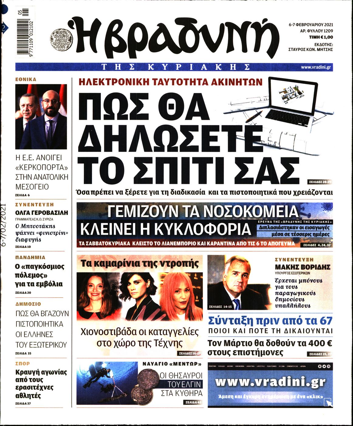 Εξώφυλο εφημερίδας ΒΡΑΔΥΝΗ 2021-02-06